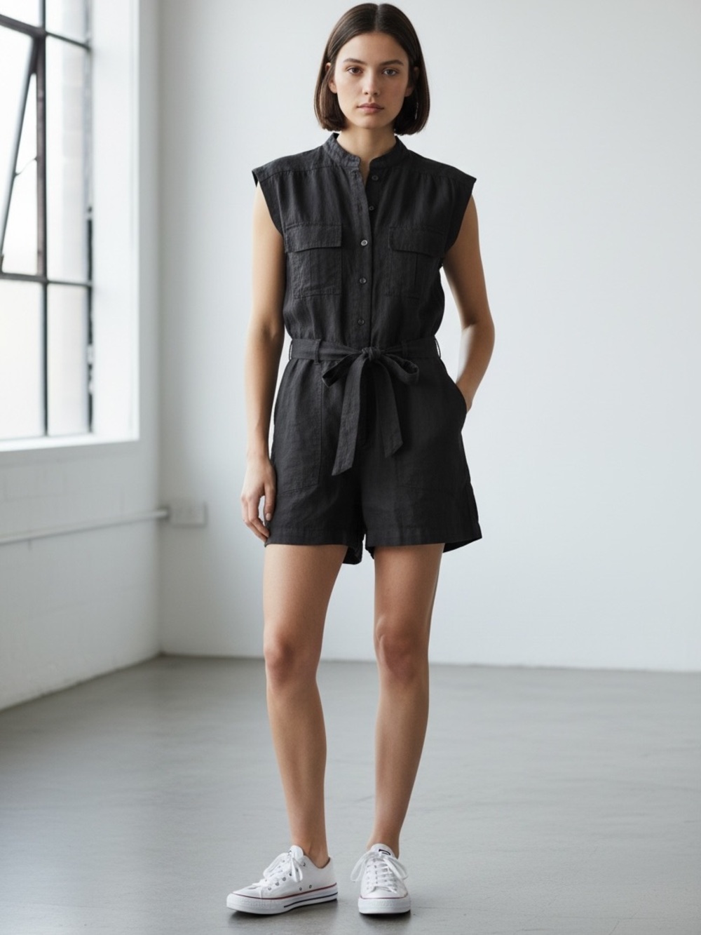 Frame 100% linen Black utility belted romper cargo safari Button-Front xs